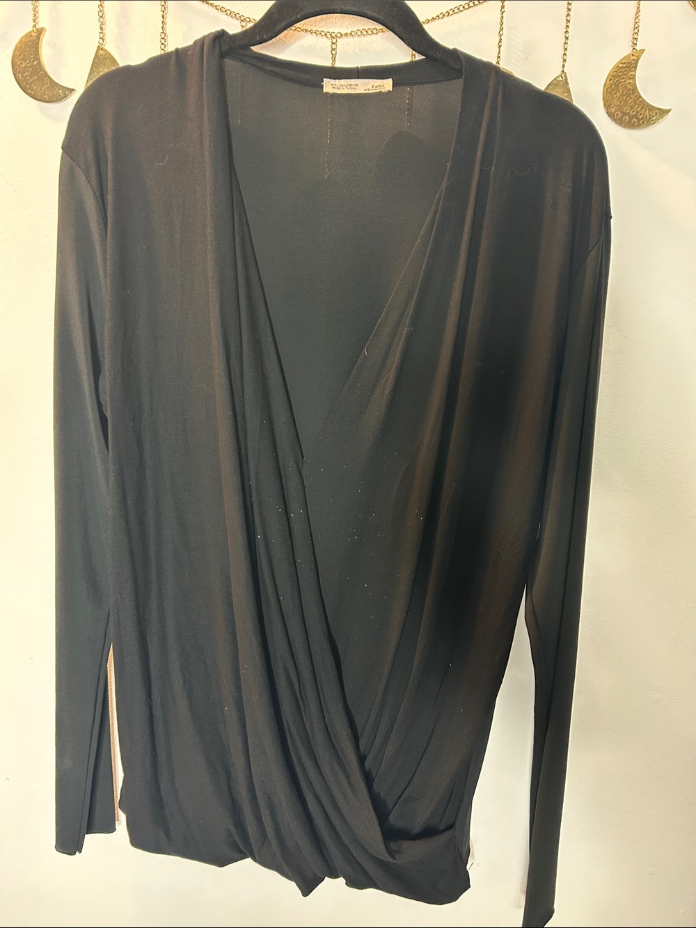 Zara Black Drape-Front Long Sleeve Blouse